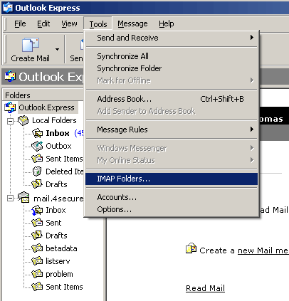 Outlook Express IMAP mail screenshot