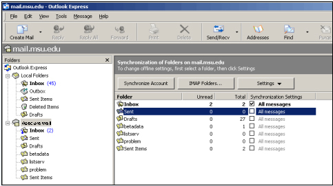 Outlook Express IMAP mail screenshot